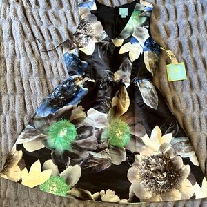 NWT CeCe Women's Black Rose Floral V-Neck Sleeveless Fit & Flare